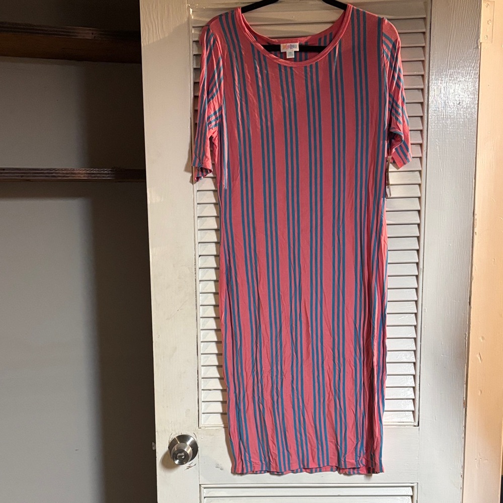 LuLaRoe Pink and Blue Striped Maxi Dress